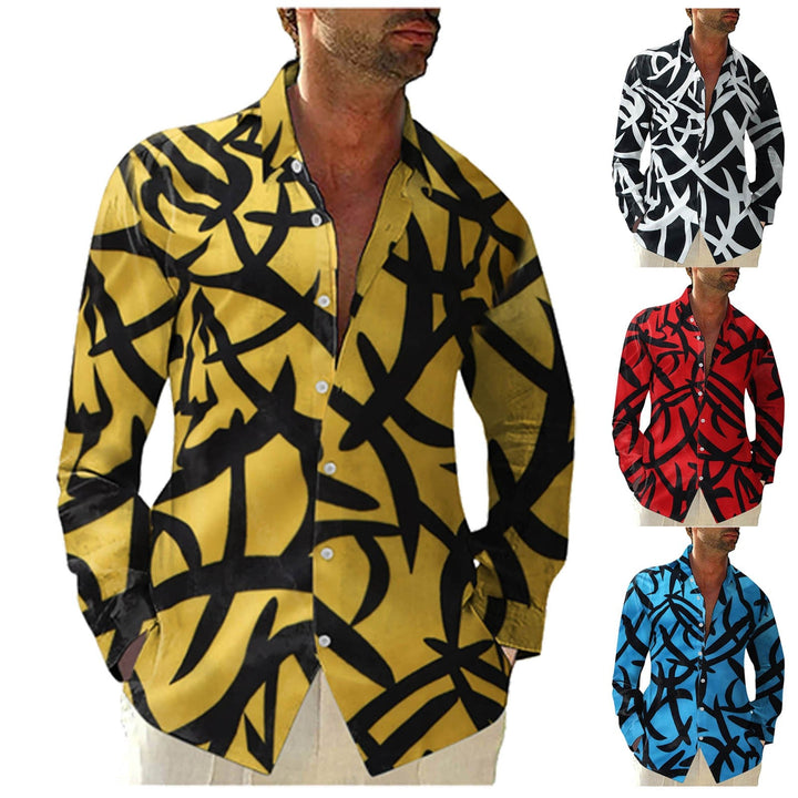 Men's Beach Print Casual Loose Long Sleeve Lapel Men's Top