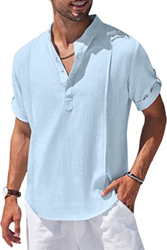 Henley Linen Men Casual Short Sleeve T-Shirt