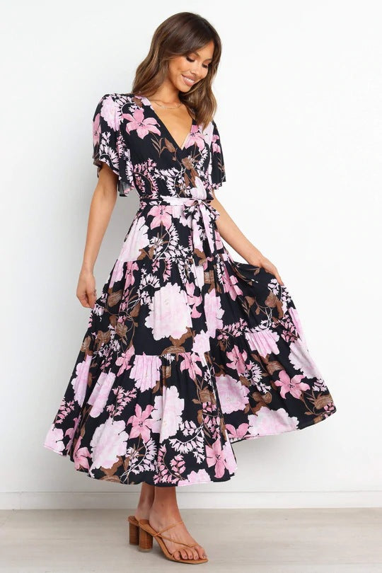 V-Neck Print Short Sleeve Bohemian Dress - Clevecorner
