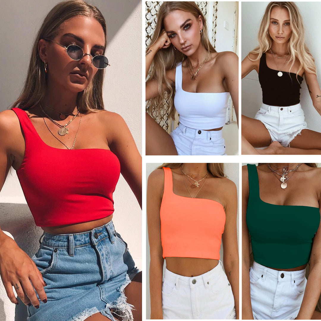 Summer Sexy One-shoulder Vest Crop Top Sleeveless T-Shirt - Clevecorner
