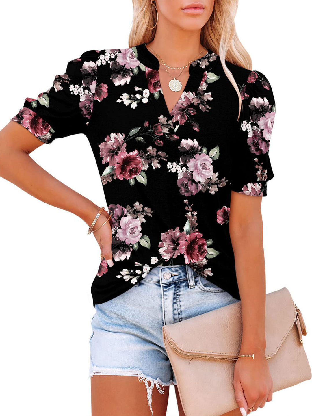 Fashion V-Neck Print Loose Casual Puff Sleeve Pullover Top