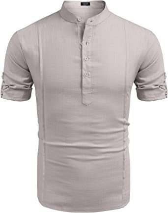 Henley Linen Men Casual Short Sleeve T-Shirt