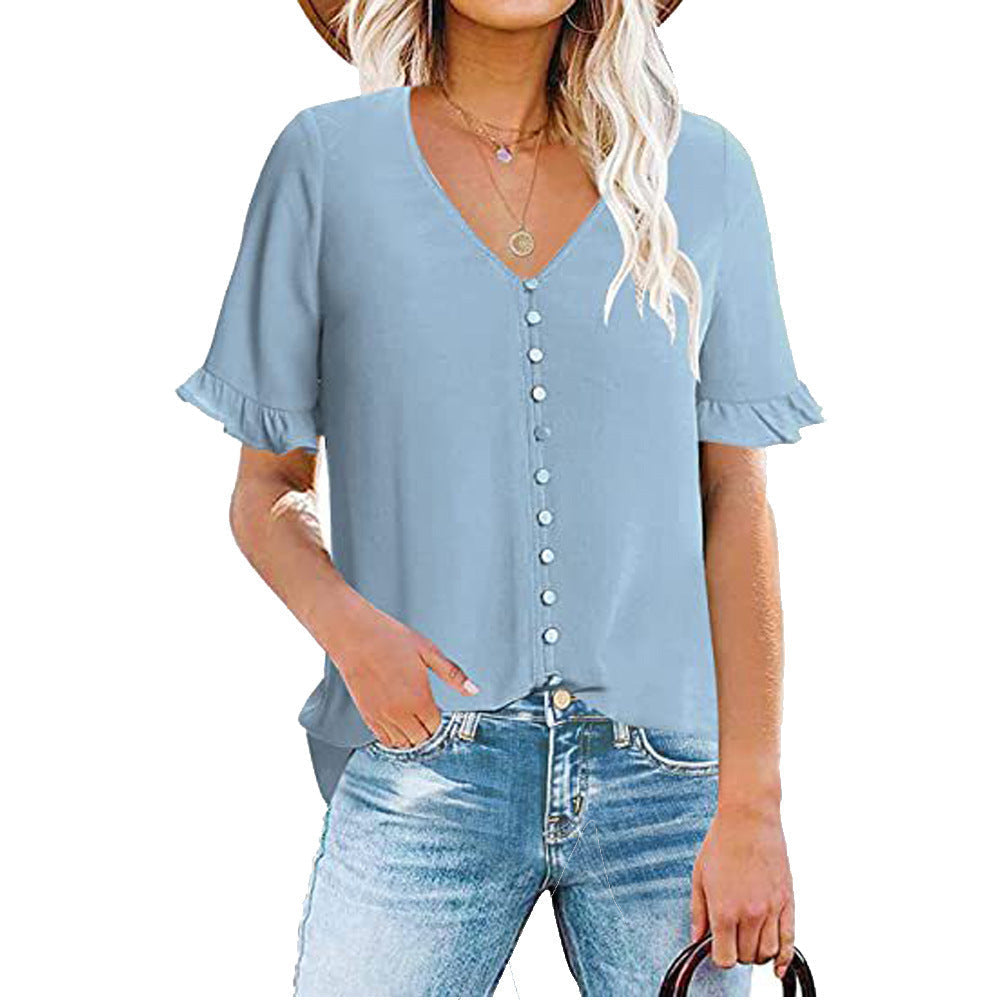 Women's Ruffle V-Neck Button-Down Shirt - Clevecorner