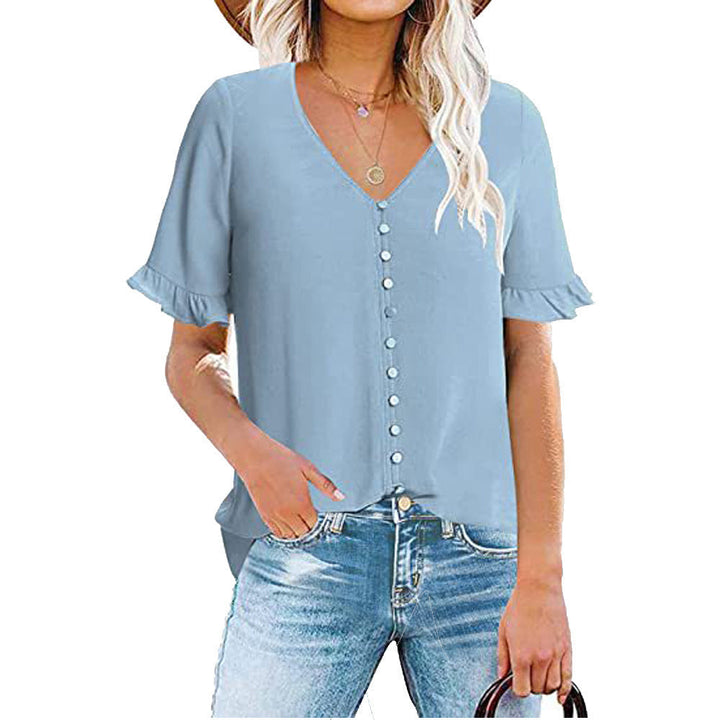 Women's Ruffle V-Neck Button-Down Shirt - Clevecorner