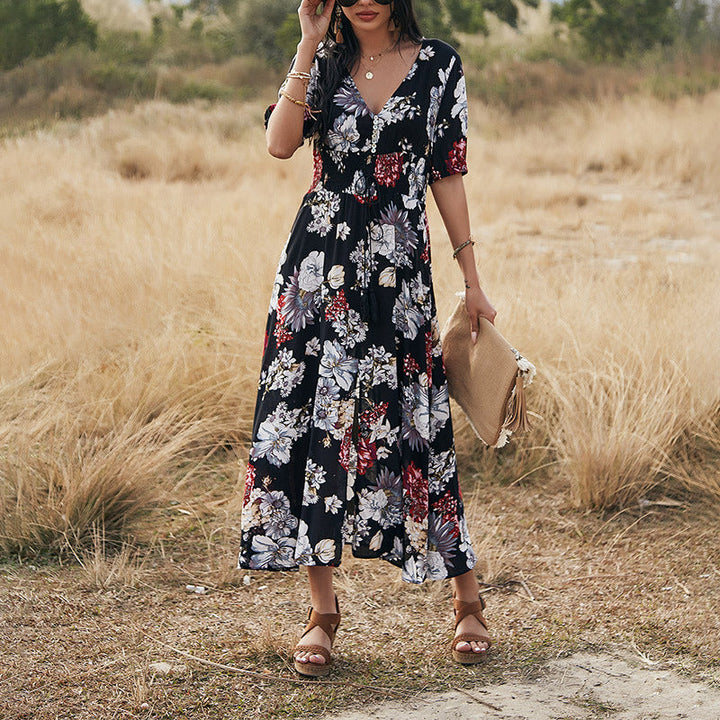 Floral Summer V-Neck Elastic Waist Dresses