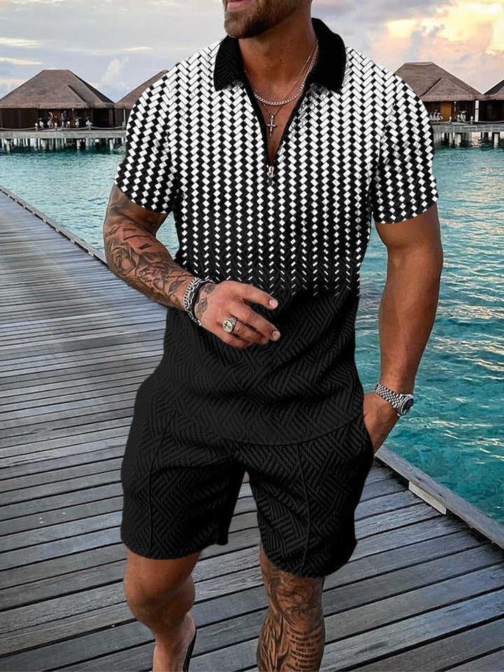Men's Casual Color Contrast Polo Shirt - Short Sleeve Zip Lapel Suit