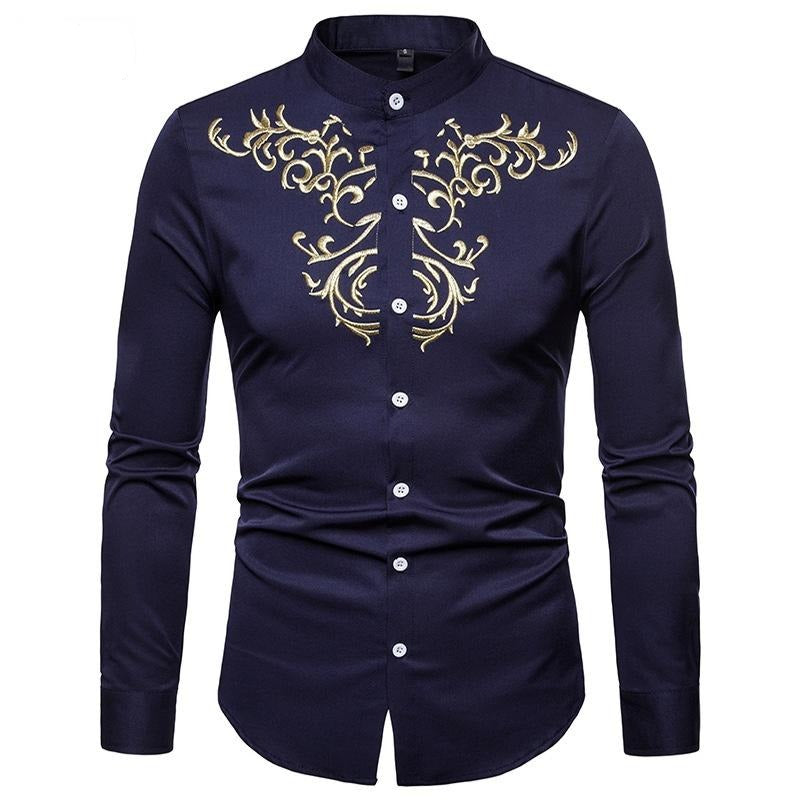 Men's Embroidered Henry Collar Ironing Free Long Sleeves Shirt