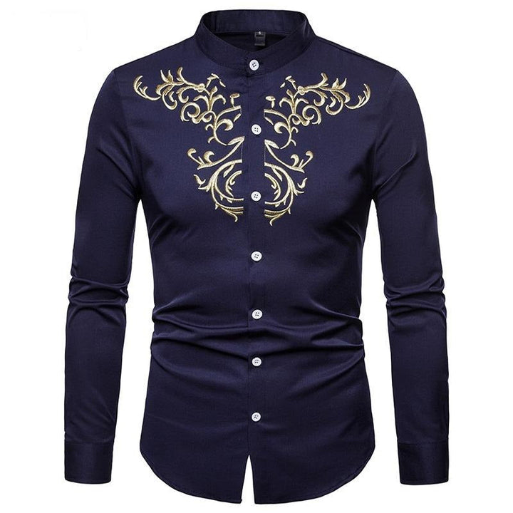 Men's Embroidered Henry Collar Ironing Free Long Sleeves Shirt