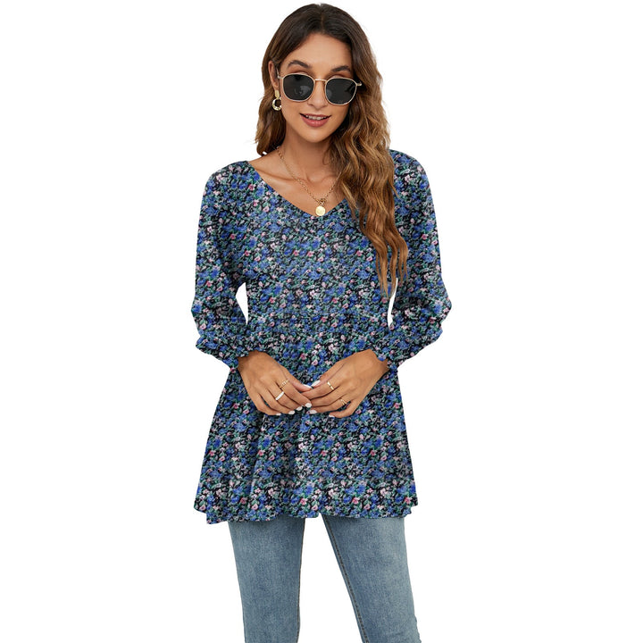 Long Puff Sleeve Tops Women Flowers Print Casual V-Neck Blouse T-Shirts